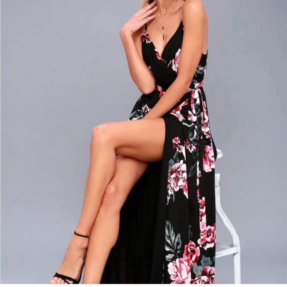 Lulu’s Floral Black Wrap Maxi Dress